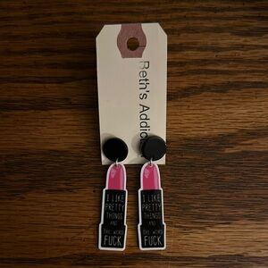 Beth’s Addiction Pink and Black Earrings with Lipstick Tube Design